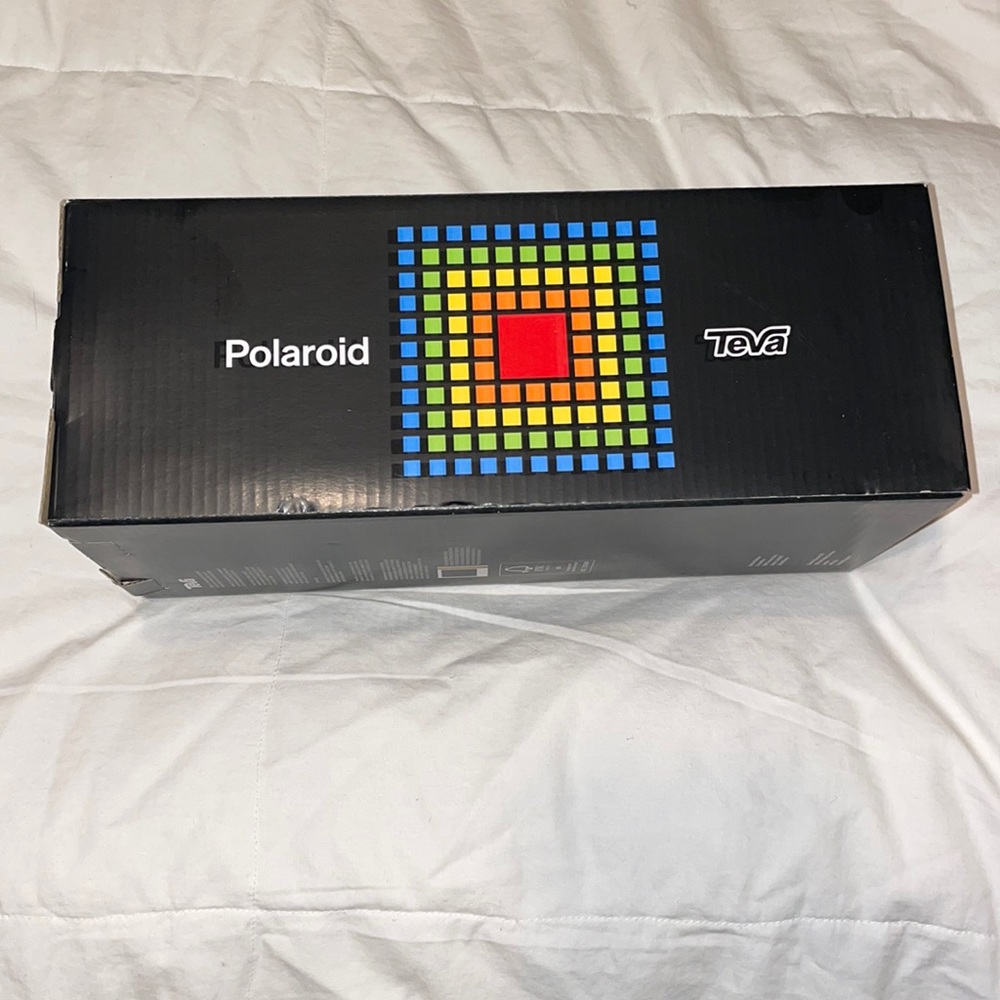 White & rainbow Polaroid Tevas! Very stylish